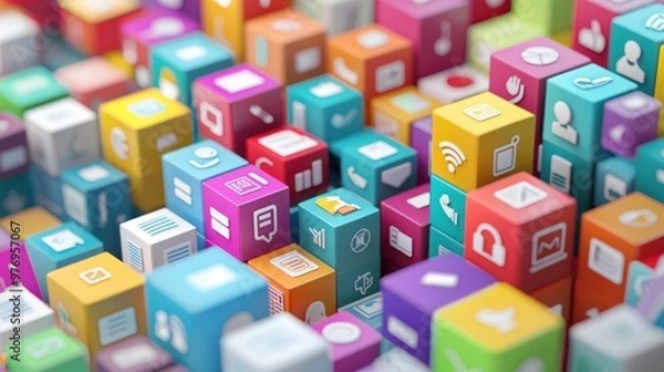 Fototapeta Modern Business Icons Concept - Symmetrical Stacked Colorful Cubes with Minimalist Symbols, Generative AI
