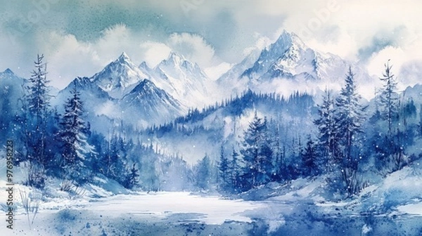 Fototapeta A watercolor painting of a snowy mountain range with a forest in the foreground.