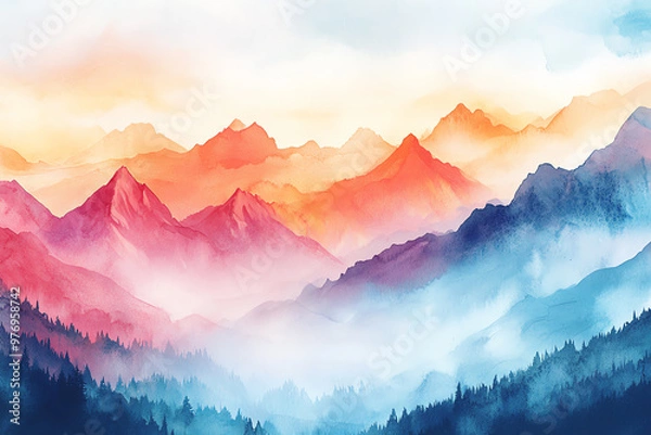 Fototapeta Craft a dreamy watercolor scene of a mountain landscape from a unique perspective, using soft brushstrokes in bright pastel tones for a whimsical and artistic touch