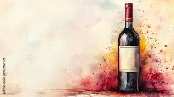 Fototapeta Artistic watercolor bottle of red wine with a blank label, surrounded by colorful splashes, perfect for wine-related themes.