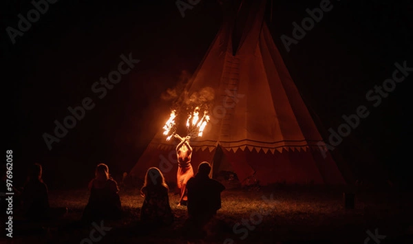 Obraz An enchanting fire dancer beautifully showcases her talent with mesmerizing flames during a performance.