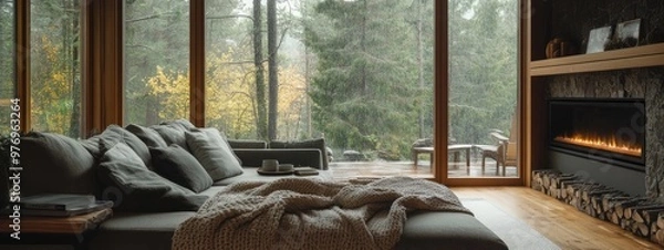 Fototapeta Cozy Living Room with Large Windows, Rainy Forest View, and Stone Fireplace
