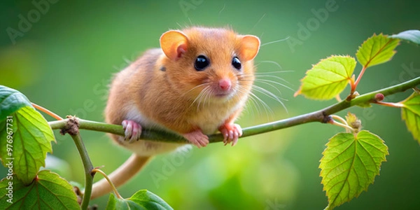 Fototapeta Little hazel dormouse climbing twigs in the natural environment , nature, wildlife, cute, furry, small