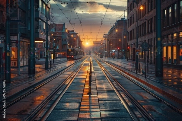 Fototapeta City street with tram tracks at sunset, wet pavement reflecting lights, urban landscape with modern buildings.
