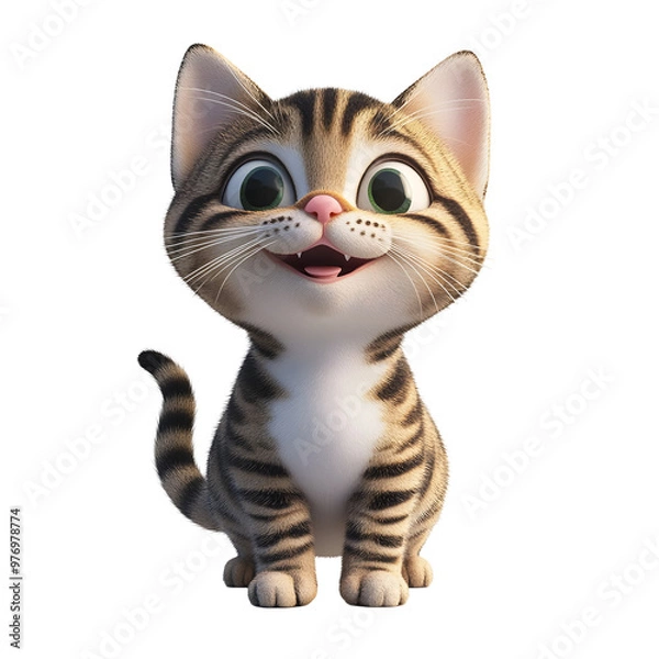 Fototapeta Playful Tabby Cat with Wagging Tail in Pastel 3D Render Style on White Background