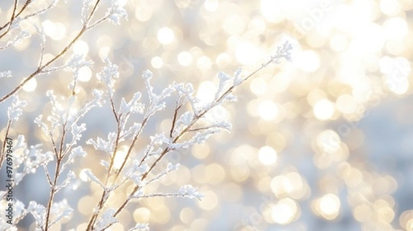 Fototapeta Frosty Branches with Bokeh Lights  Winter Nature Background
