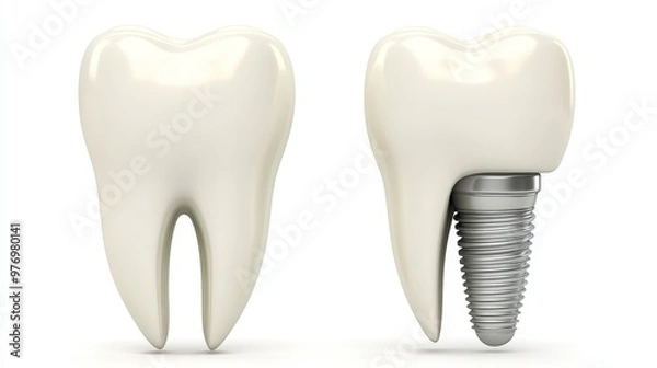 Fototapeta Dental Implant and Healthy Tooth, Close Up Comparison on White Background with Copy Space