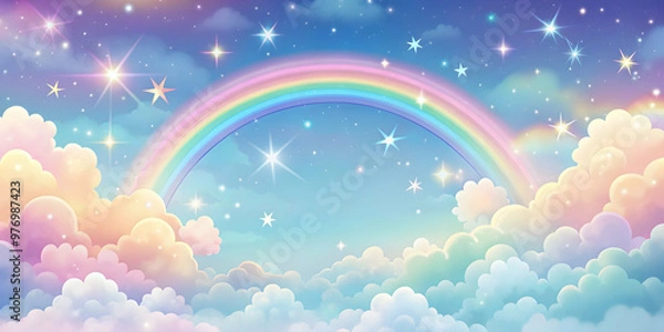 Fototapeta Abstract kawaii colorful sky rainbow with stars and clouds background, soft pastel comic graphic concept, kawaii, colorful, sky