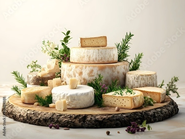 Fototapeta A beautiful cheese display featuring various artisan cheeses on a rustic wooden platter with fresh herbs and natural decor.
