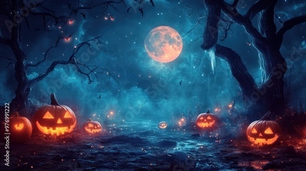 Obraz Spooky Halloween Forest with Jack o  Lantern and Full Moon