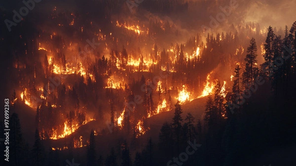 Fototapeta A dramatic visual of wildfires spreading across a forested area, emphasizing climate change effects.A dramatic visual of wildfires spreading across a forested area, emphasizing climate change effects.