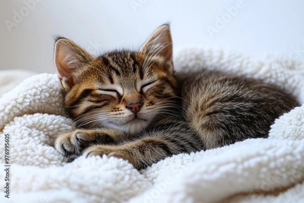 Obraz Tiny kitten curled up in a ball, sleeping peacefully on a soft blanket