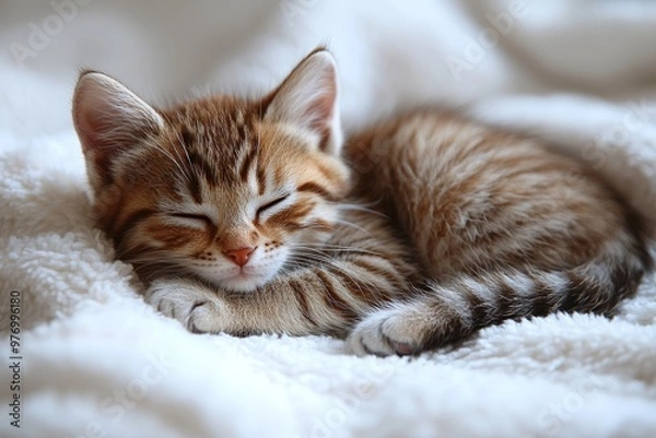 Obraz Tiny kitten curled up in a ball, sleeping peacefully on a soft blanket