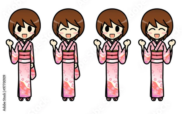 Obraz シンプルキャラクター 会話・表情イラスト集 和服 女性 ガッツポーズ1