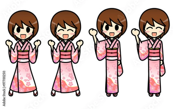 Obraz シンプルキャラクター 会話・表情イラスト集 和服 女性 ガッツポーズ2
