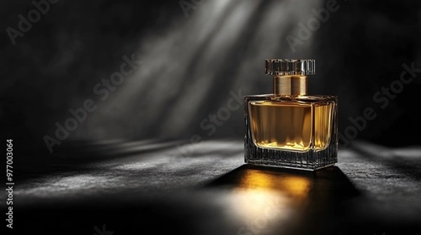 Fototapeta A single bottle of perfume sits on a dark background with a spotlight shining on it.