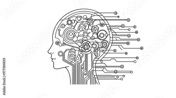 Fototapeta Artificial Intelligence line art vector logo of a woman head with gears and circuitry simple shapes white background black lines flat design