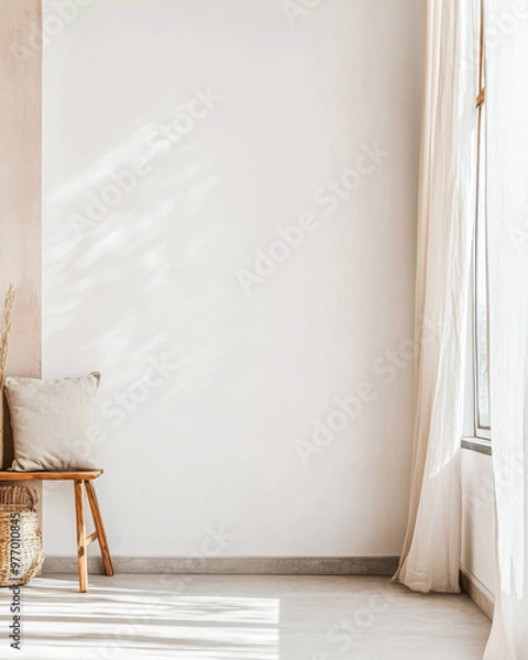 Obraz Natural light fills a minimalist corner with a cozy chair and soft textures, creating a serene atmosphere in a tranquil interior space