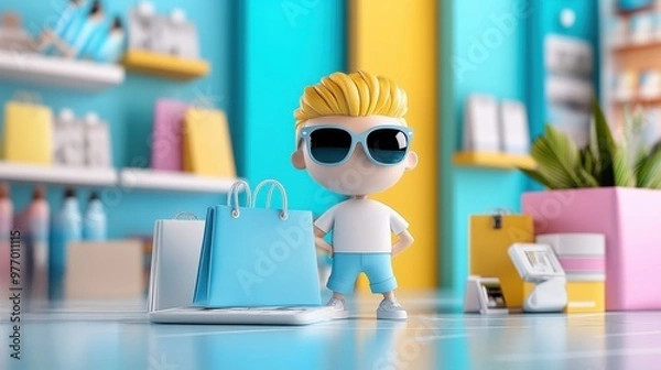 Fototapeta Futuristic 3D Virtual Assistant in Retail Store - Personalized Shopping Tips and Online Order Options.