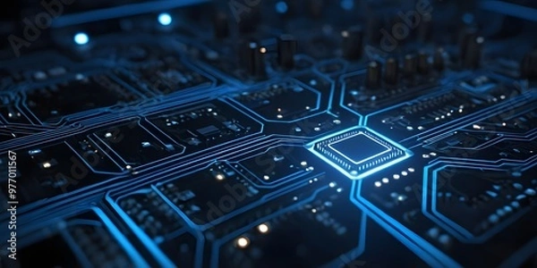 Obraz Glowing Blue Circuit Board with Central Processor
