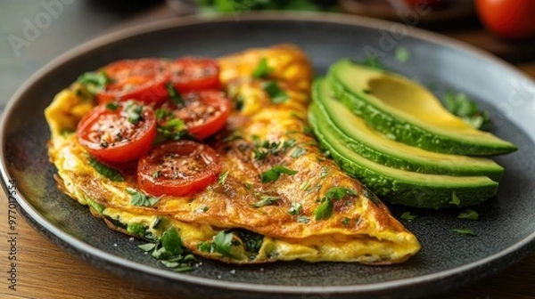 Fototapeta healthy breakfast options, healthy and delicious breakfast choice veggie omelette with avocado slices on a plate a nutritious start to the day