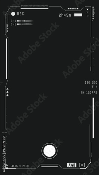 Fototapeta Video or photo camera futuristic viewfinder vertical overlay. Modern sci-fi UI for smart phone from future. Camera frame vector template. Black lines and text, rec icon on transparent background. 