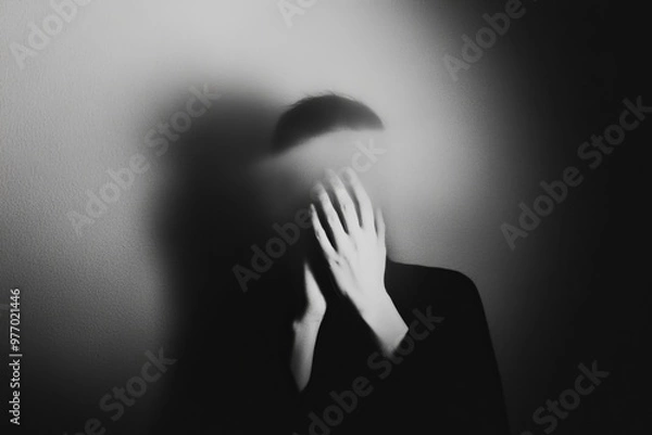 Fototapeta The image shows a blurred, hooded figure holding his head while looking down.