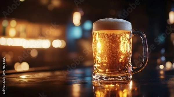 Fototapeta A close-up of a frosty beer mug with a golden ale inside, set on a bar counter with warm, ambient lighting highlighting the beer rich color.