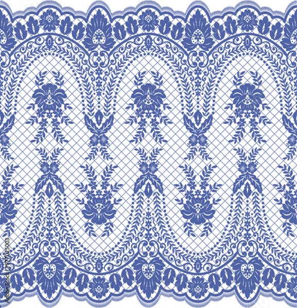 Fototapeta A decorative lace pattern in blue and white, featuring floral and geometric designs, ideal for textiles or backgrounds.