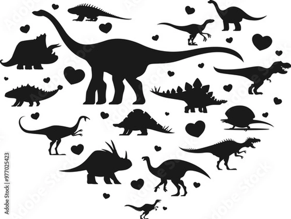 Fototapeta Prehistoric dinosaurs banner with heart shape and dino silhouettes, cartoon vector. Kids Jurassic park banner with prehistoric dinosaur lizards and reptiles of T Rex and velociraptor with hearts