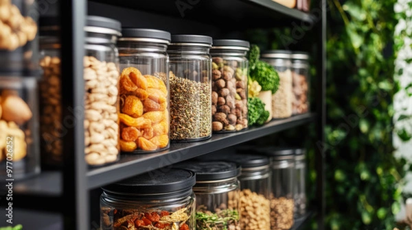 Fototapeta Aesthetic black pantry with transparent jars for storing food. The organization and storage concept. Generative AI