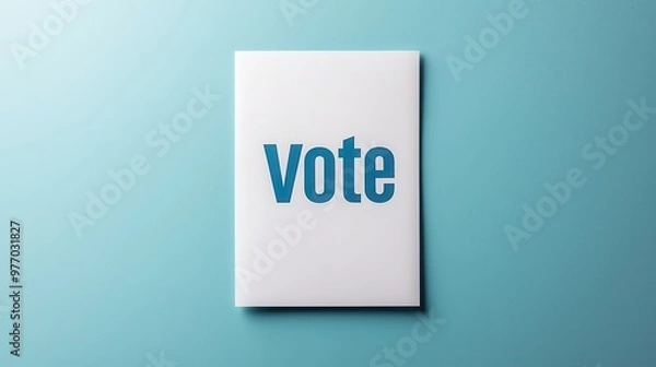 Fototapeta A simple card with the word "Vote" prominently displayed against a blue background, emphasizing the importance of participating in elections.