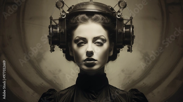 Fototapeta Retrofuturistisches Portrait einer Frau mit helmartiger technischer Apparatur, MK-Ultra-Konzept, frontal, Illustration