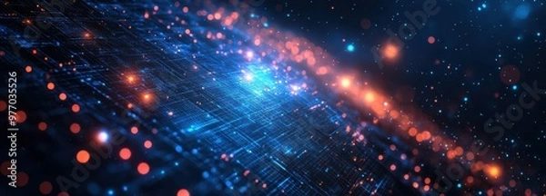 Obraz Abstract futuristic background featuring glowing lines and dots in a dynamic digital pattern