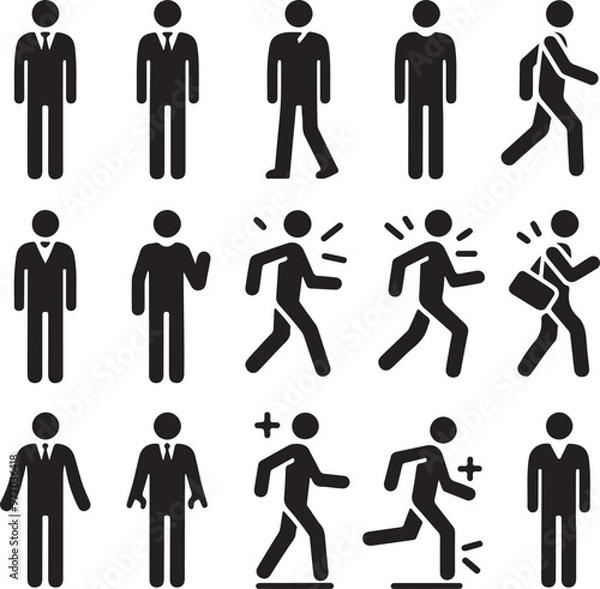 Obraz Man stands, walk and run icon set. People symbol. Person standing, walking and running illustration. Run, walk, stand. Vector illustration.generative ai