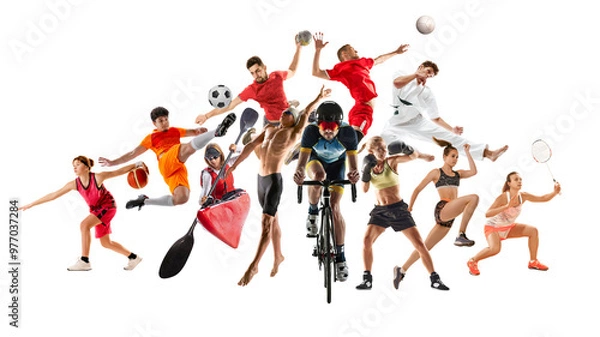 Obraz Creative set, collage with different athletes, men and women practicing various sport isolated on white background. Creative dynamic scene. Concept of sport, competition, tournament, achievements