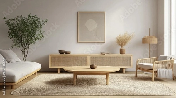 Fototapeta A minimalist living area with Scandinavian design elements, featuring a light wood coffee table, a simple rug, and a few carefully chosen dcor pieces.