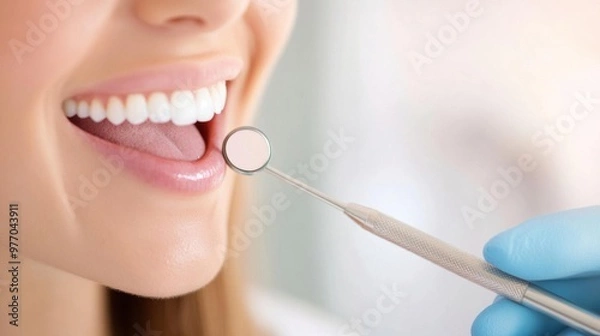 Fototapeta Close-up of a patient enjoying a dental checkup with a mirrored tool, highlighting bright, healthy teeth and a confident smile.
