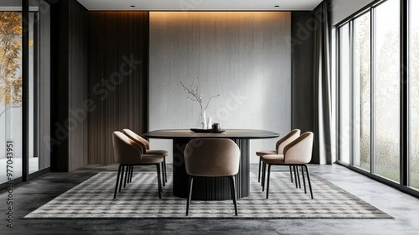 Fototapeta minimalist dining table with a geometric-patterned rug, a design concept banner with vacant room showcasing interior dcor