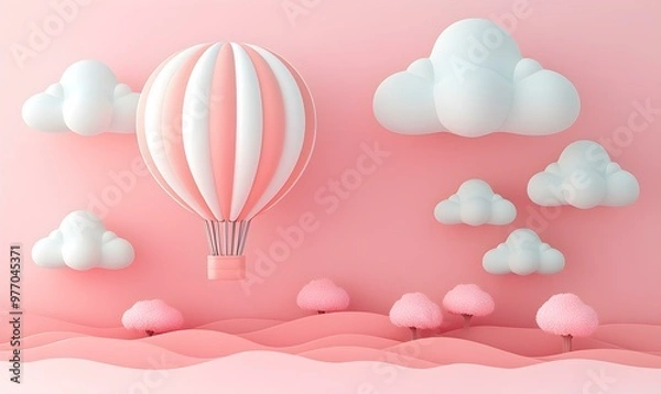 Fototapeta Dreamy pastel landscape, whimsical hot air balloon floating above soft pink hills, fluffy white clouds scatter across a serene sky, rosy pink trees dot the horizon