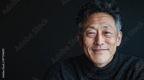 Fototapeta A mature man gazes into the camera with a gentle smile, showcasing deep lines and a textured sweater, conveying warmth and life experience against a dark backdrop.