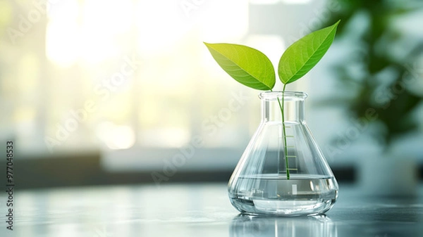 Fototapeta Plant growing inside a glass flask representing sustainable practices in drug synthesis, Environmental pharma, Green chemistry