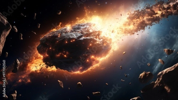 Fototapeta A fantasy asteroid burning up in the Earth's atmosphere