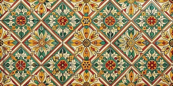 Obraz Geometric Floral Tile Pattern in Green, Red, and Yellow, tile pattern, floral pattern, italian art