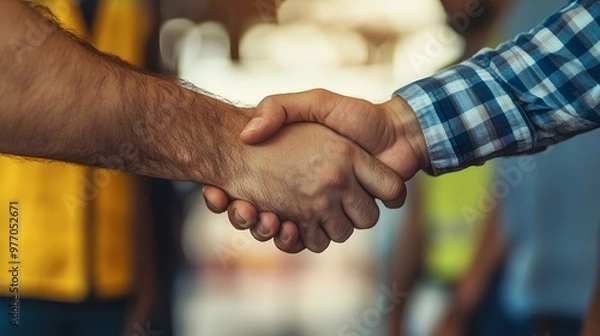 Fototapeta Two Men Shaking Hands in a Blurred Background