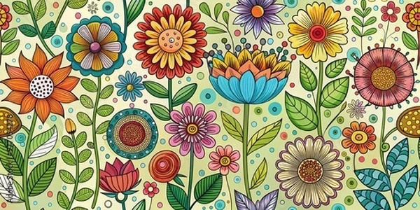 Fototapeta Whimsical Garden of Colorful Flowers - Seamless Pattern, Floral, Pattern, Spring