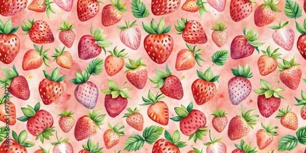 Fototapeta Watercolor Strawberry Seamless Pattern on Pink Background, strawberry, watercolor, seamless pattern