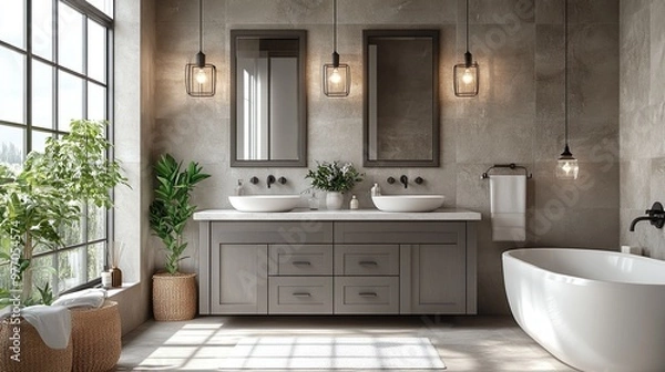 Fototapeta Elegant luxurious bathroom design featuring modern lighting and smart layouts picture