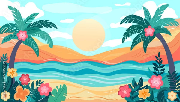 Fototapeta A vibrant tropical beach scene at sunset with palm trees, exotic flowers and lush plants. The serene ocean and sandy shore, picturesque, inviting atmosphere, perfect summer day. Banner, background