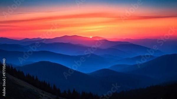 Fototapeta Silhouetted Mountain Ranges at Sunset with a Gradual Color Palette